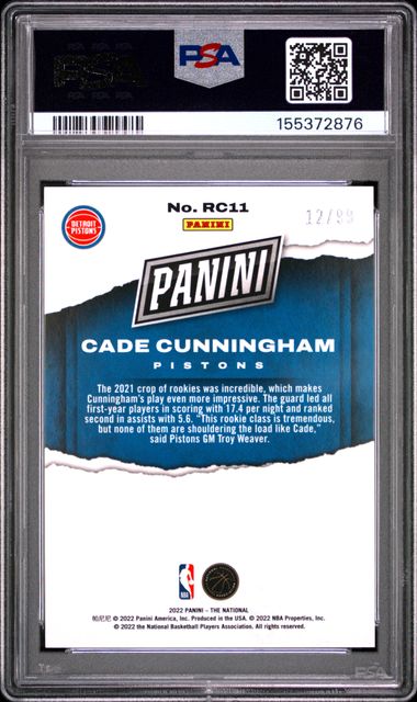 2022 PANINI NATIONAL ROOKIES #RC11 CADE CUNNINGHAM ROOKIES-RED PSA 8
