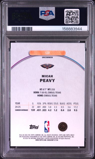2025 TOPPS FINEST #130 MICAH PEAVY SKY BLUE REFRACTOR PSA 10