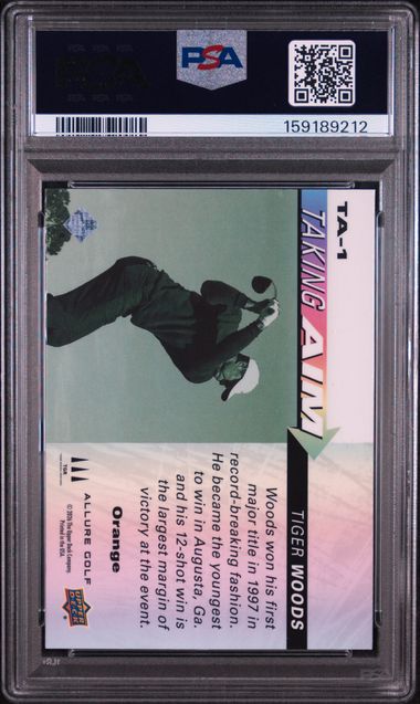 2026 UPPER DECK ALLURE GOLF TAKING AIM #TA-1 TIGER WOODS TAKING AIM-ORANGE PSA 9