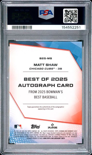 2025 BOWMAN'S BEST BEST OF 2025 AUTOGRAPHS #B25-MS MATT SHAW BEST OF 2025 AUTO-GOLD REF PSA 10 SC4