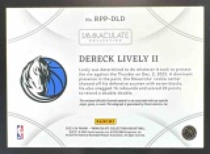 2023 Panini Immaculate Dereck Lively II Retro Premium Patch Auto /25 #RPP-DLD MEM RC Mavericks