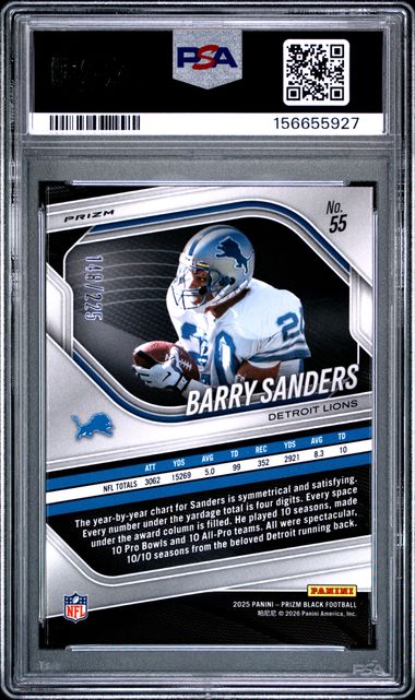 2025 PANINI PRIZM BLACK #55 BARRY SANDERS FOOTBALL PRIZM PSA 10 SC2