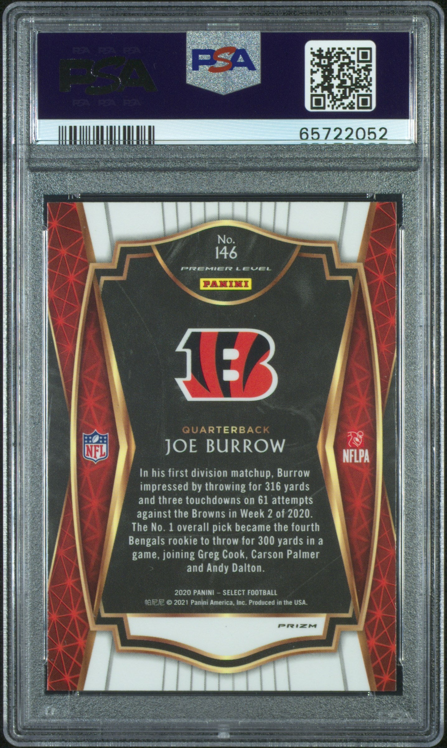 2020 Panini Select Joe Burrow Premier Level Silver Prizm RC #146 PSA 10