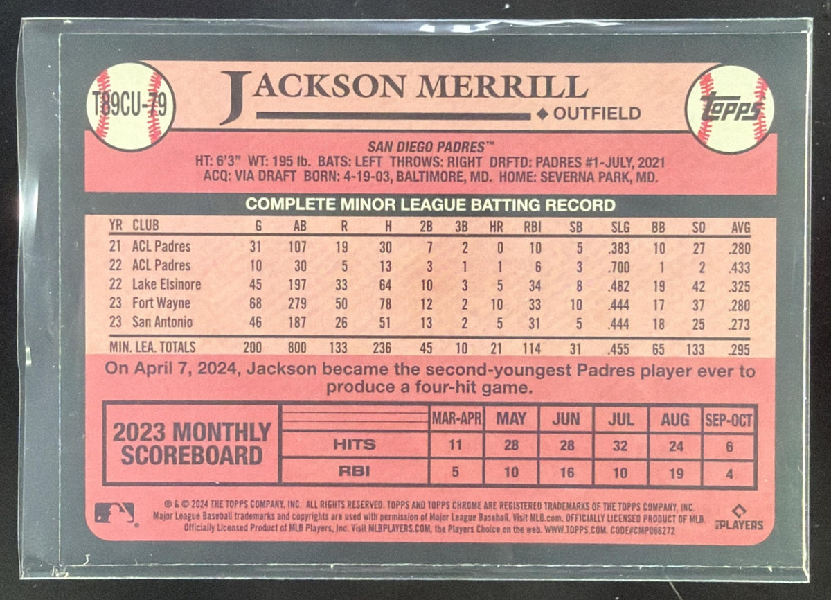 2024 Topps Update Jackson Merrill 1989 Baseball Chrome Silver Pack Gold Refractor /50 #T89CU-79 RC Padres
