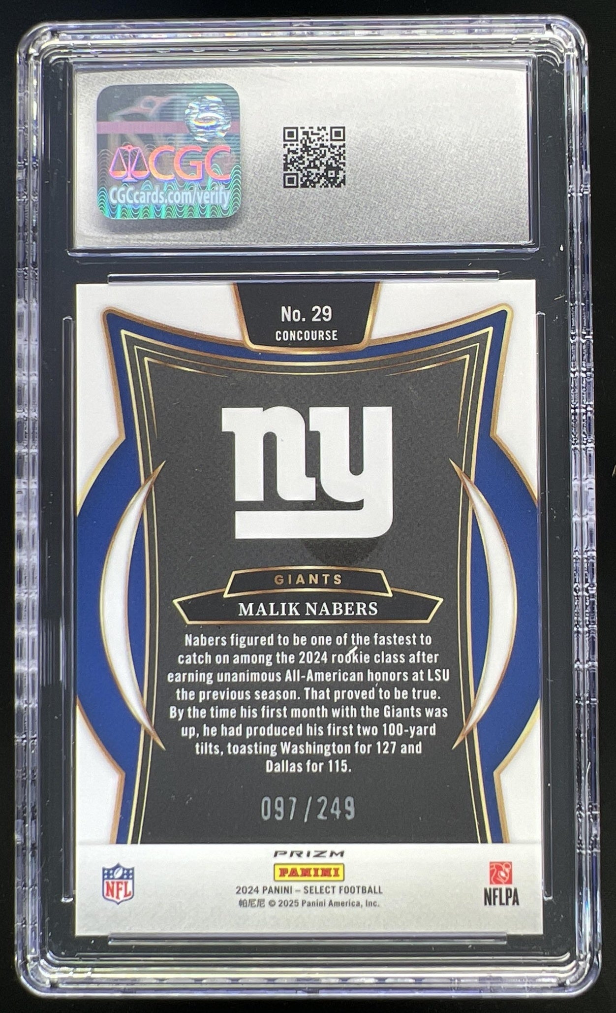 2024 Panini Select Malik Nabers Concourse Blue Prizm 097/249 #29 RC Giants CGC 10