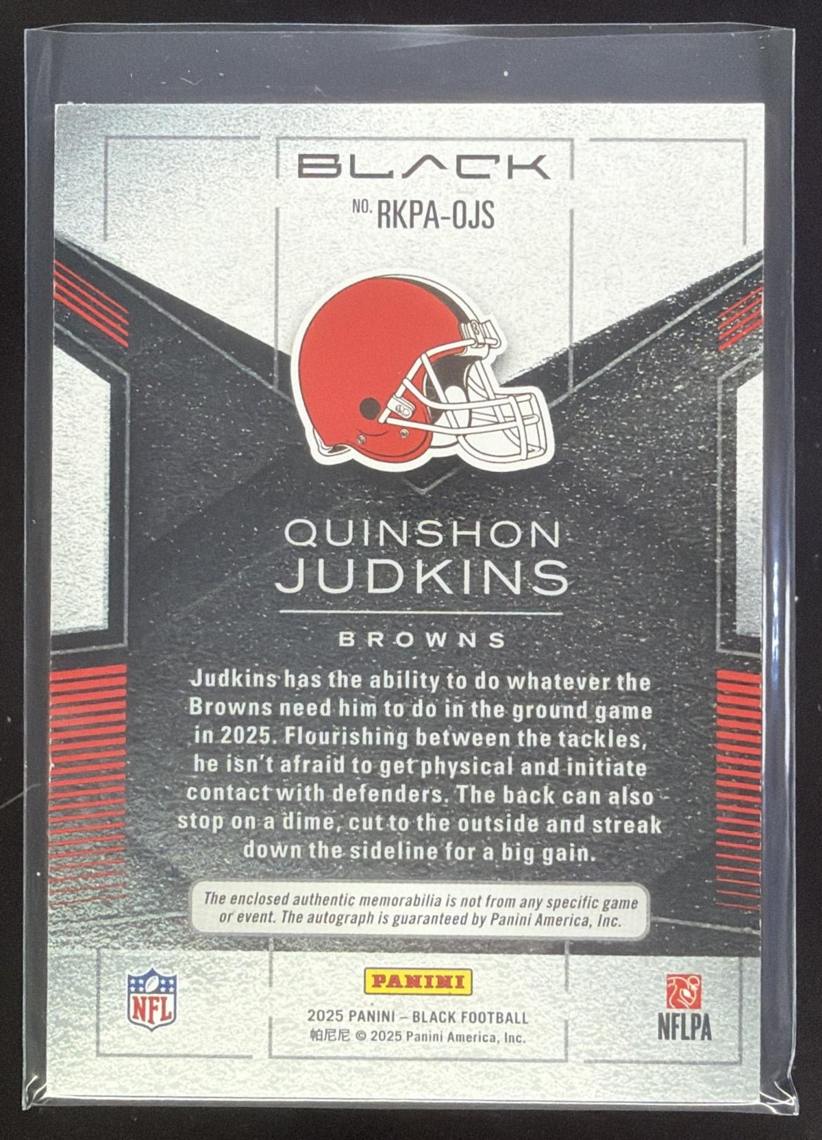 2025 Panini Black Quinshon Judkins Rookie Patch Auto Royal /199 #RKPA-QJS MEM RC Browns