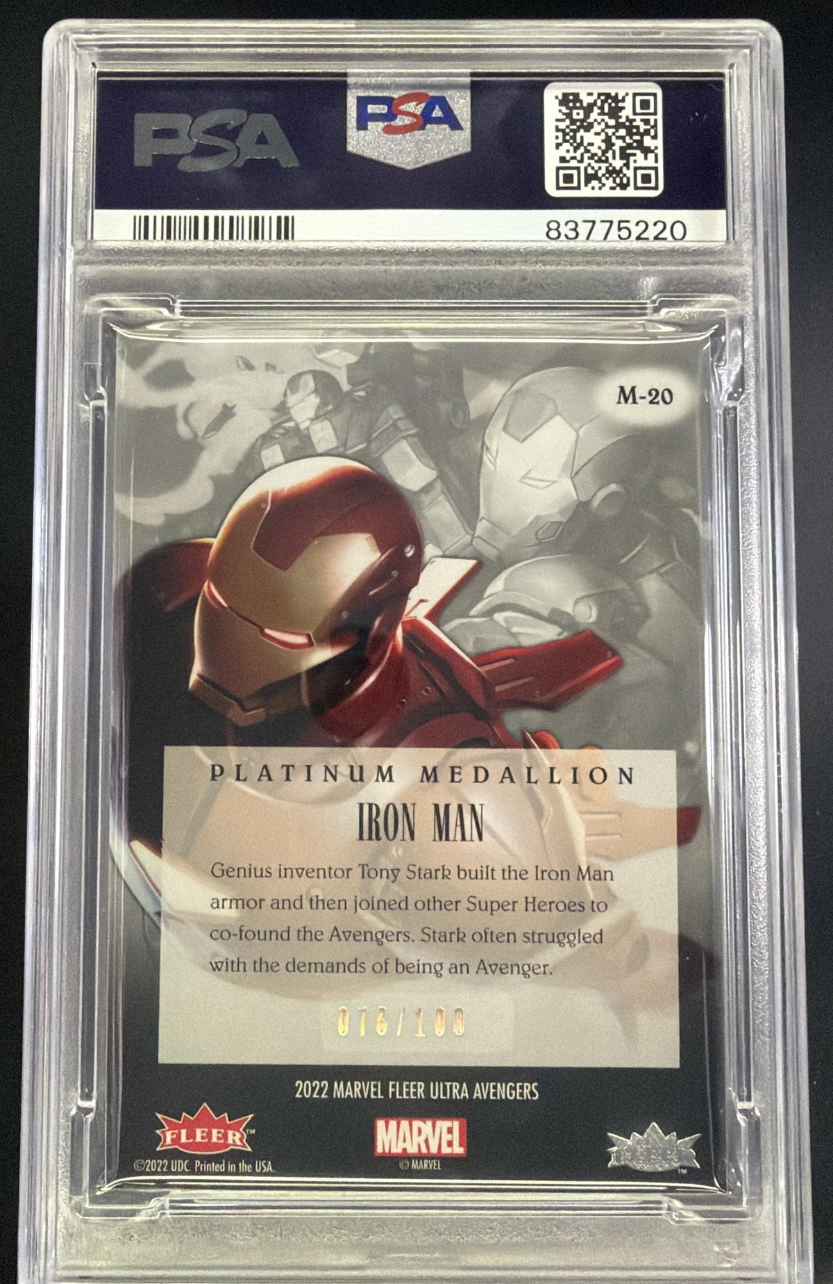 2022 Fleer Ultra Marvel Avengers Iron Man Medallions Platinum /100 #M-20 PSA 9
