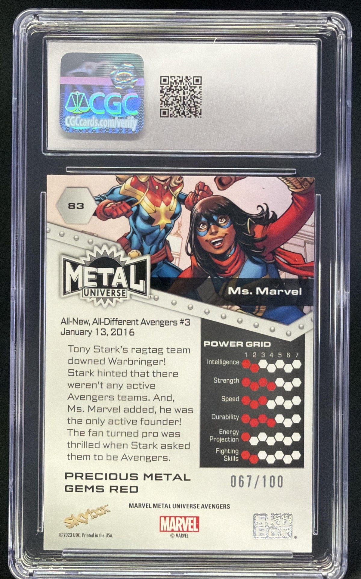 2024 Skybox Metal Universe Marvel Avengers Ms. Precious Gems Red /100 #83 CGC 8.5 SC7