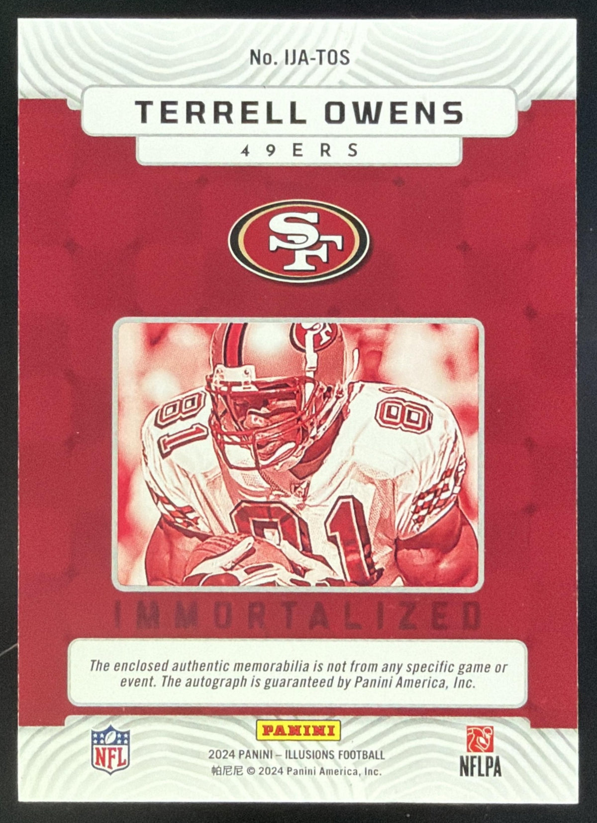 2024 Panini Illusions Terrell Owens Immortalized Jersey Auto Blue /50 #IJA-TOS MEM 49ers SC2