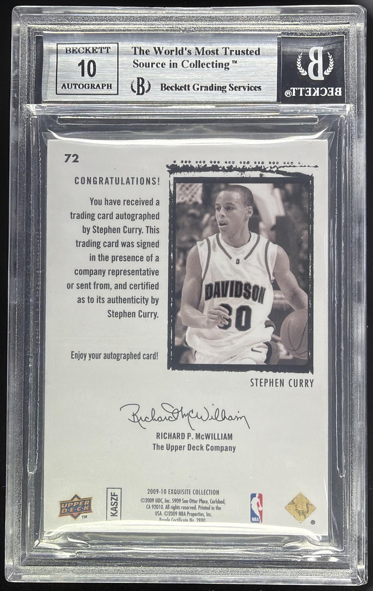 2009 Upper Deck Exquisite Collection Stephen Curry /225 #72 Auto RC Warriors BGS 9
