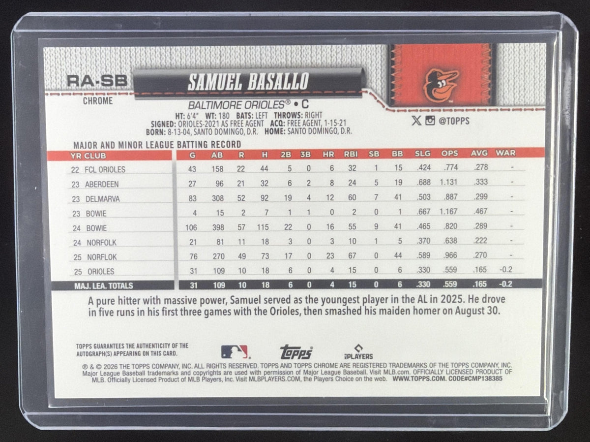2026 Topps Chrome Samuel Basallo Rookie Auto Aqua Refractor /199 #RA-SB RC Orioles