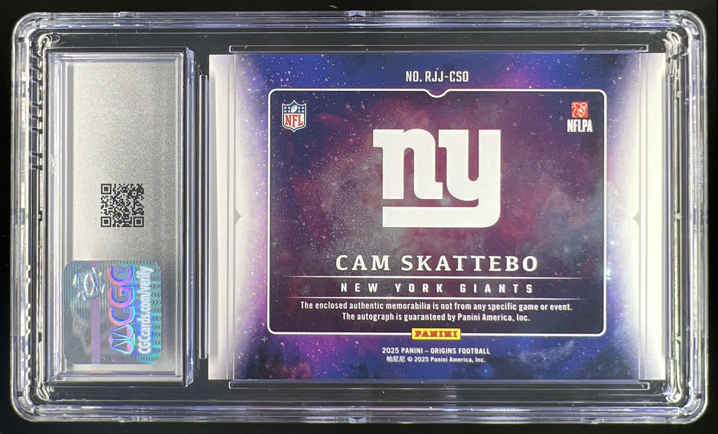 2025 Panini Origins Cam Skattebo Rookie Jumbo Jersey Auto #RJJ-CSO RC Giants CGC 10
