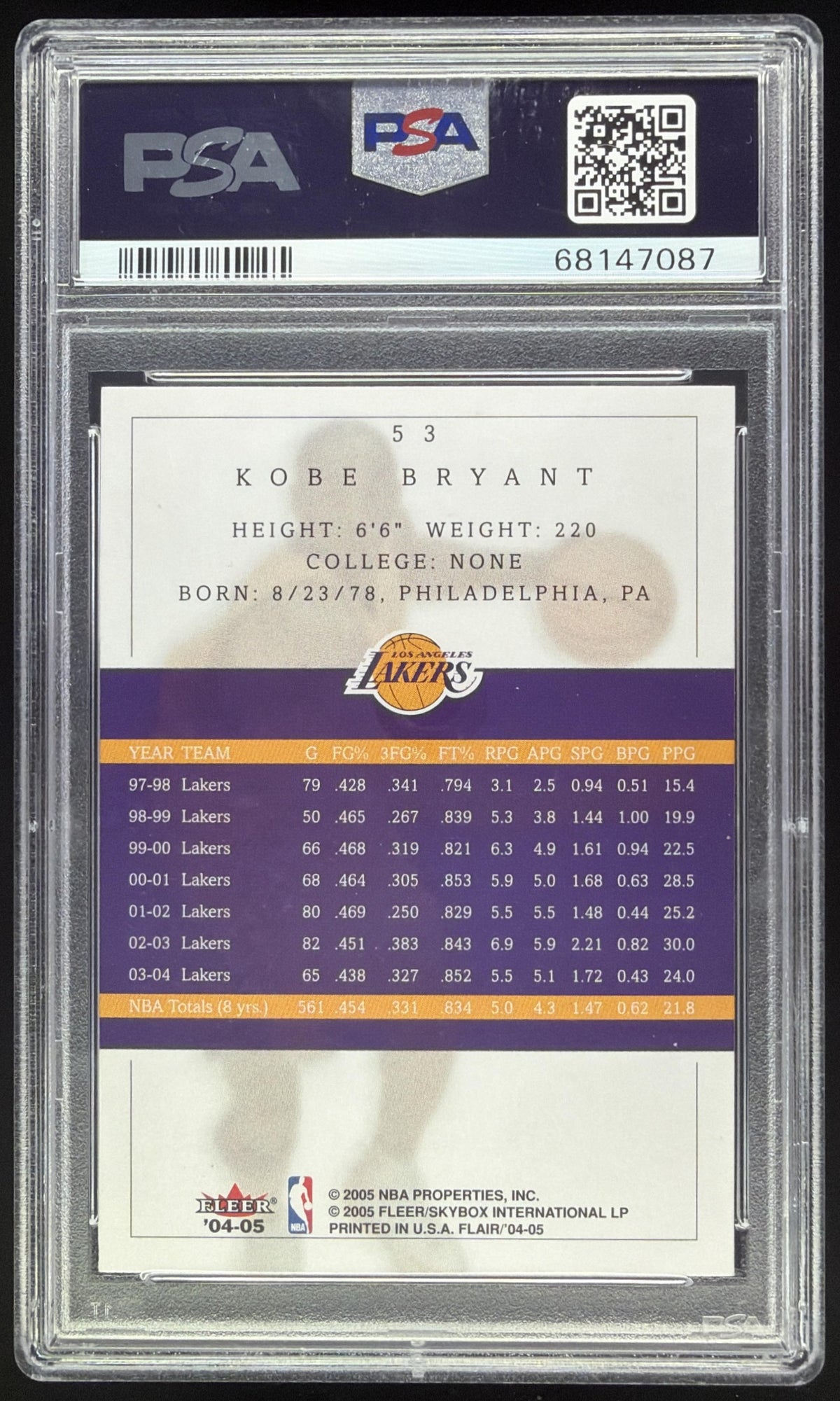 2004-05 Fleer Flair Kobe Bryant #53 Los Angeles Lakers PSA 9 SC5