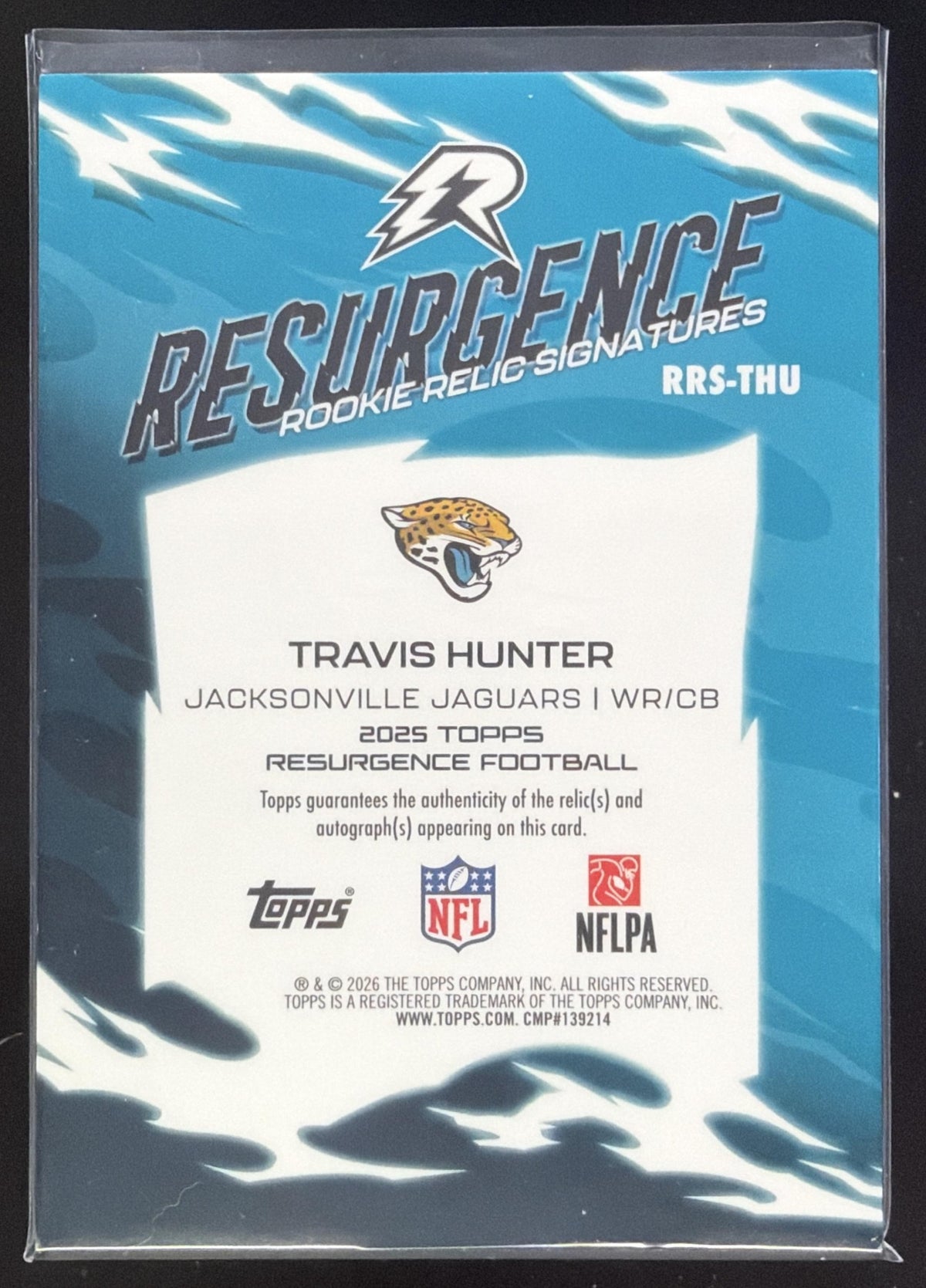 2025 Topps Resurgence Travis Hunter Rookie Relic Signatures Purple Surge Refractor /75 #RRS-THU MEM RC Auto Jaguars