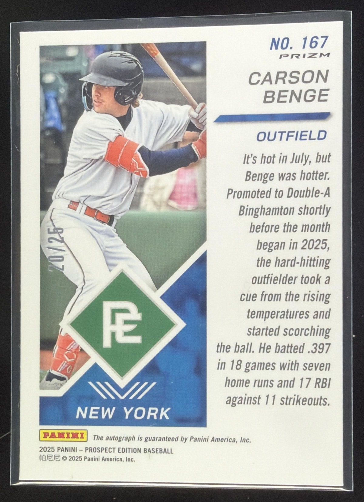 2025 Panini Prospect Edition Carson Benge Holo Ticket Signatures Mojo /25 #167 Auto Mets