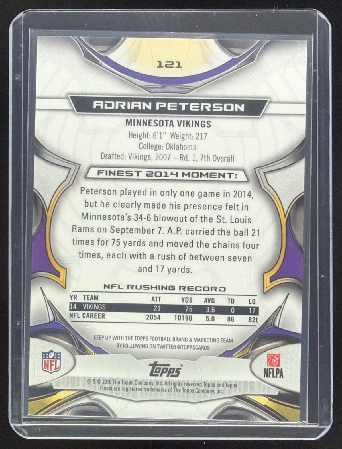 2015 Topps Finest Adrian Peterson Red Refractor /99 #121 Minnesota Vikings