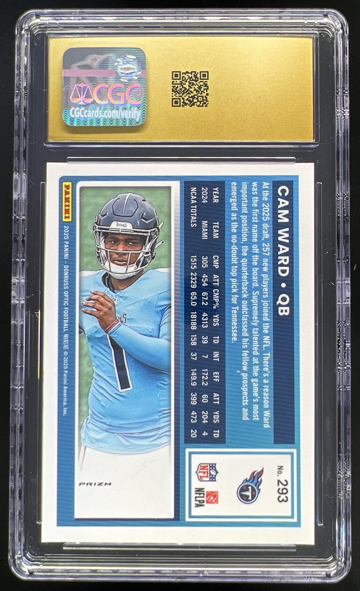2025 Panini Donruss Optic Cam Ward Rated Rookie Holo Prizm #293 Titans CGC Pristine 10
