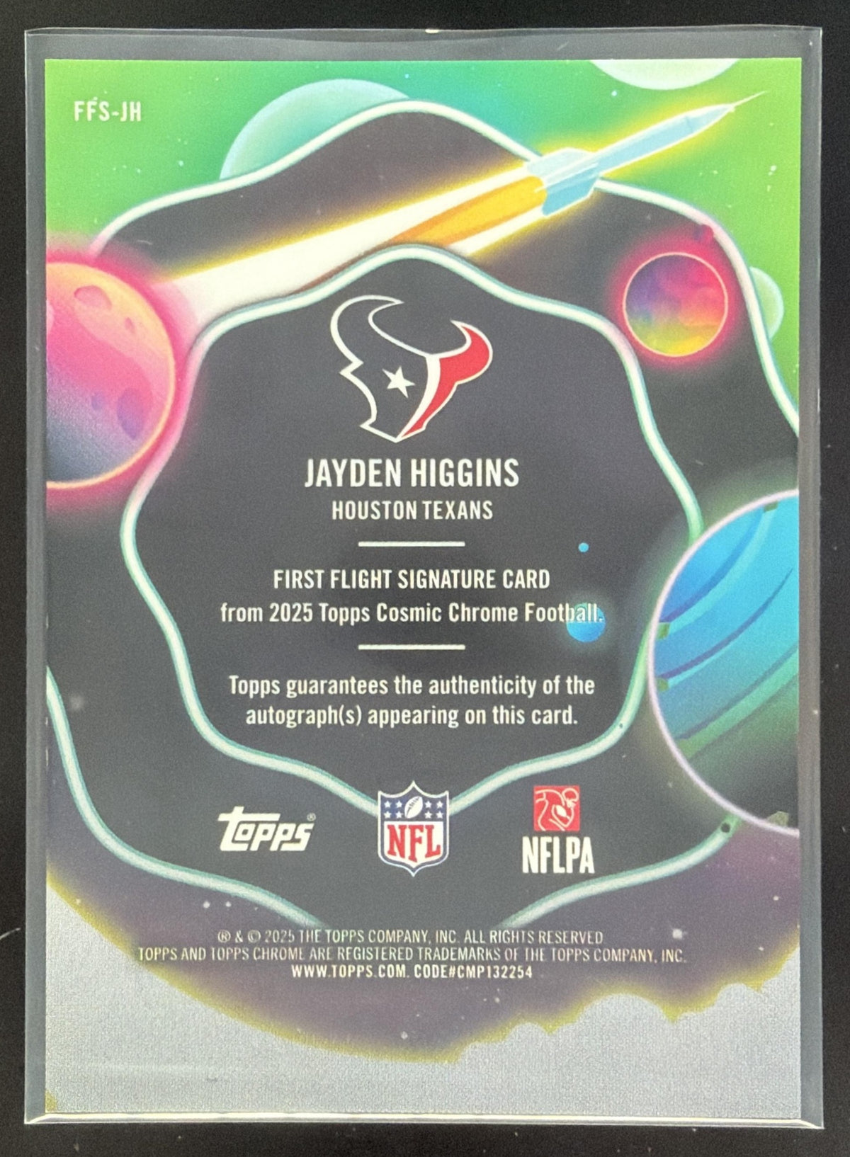2025 Topps Cosmic Chrome Jayden Higgins First Flight Signatures Gold Interstellar Refractor /50 #FFS-JH RC Auto Texans