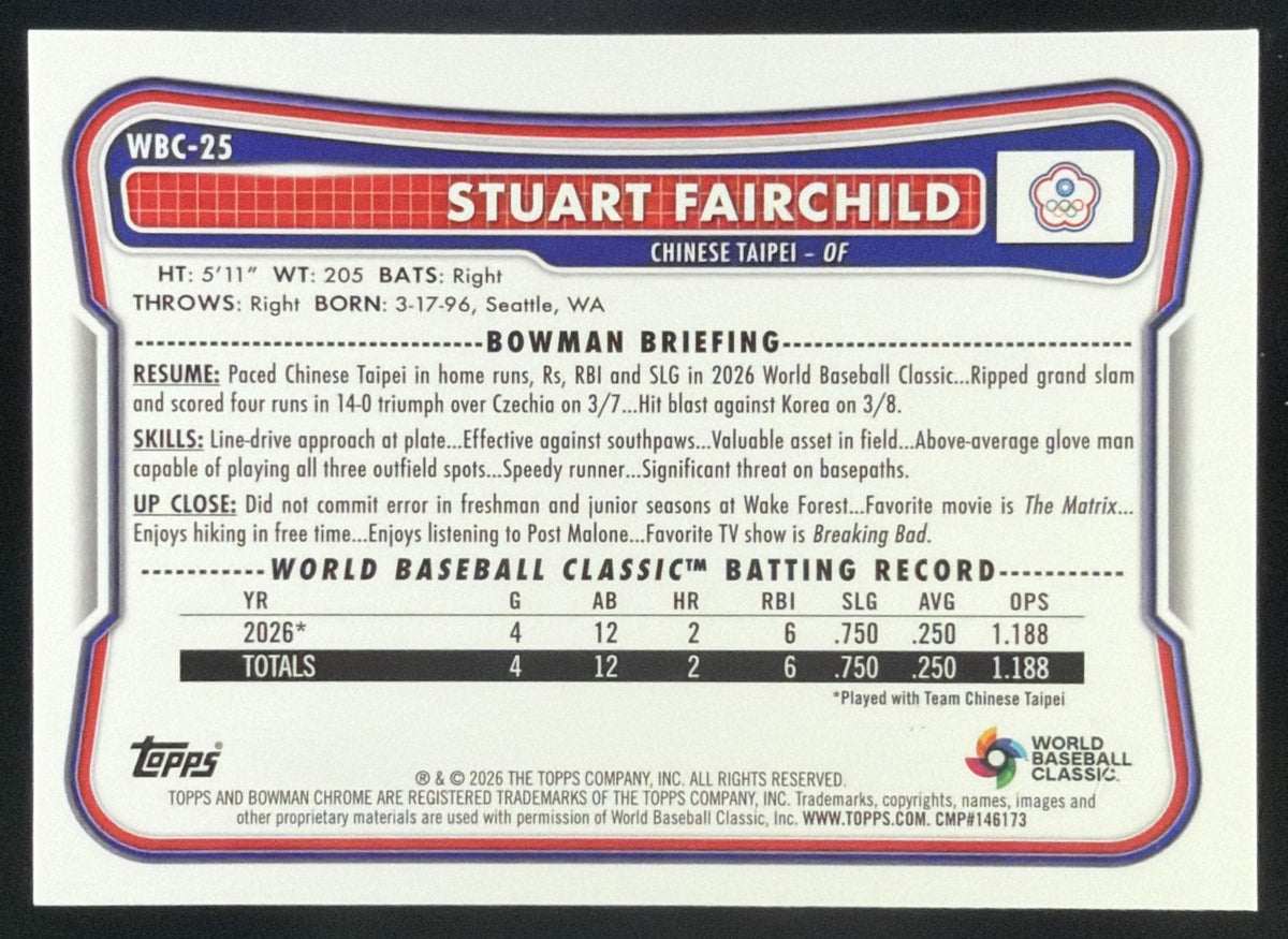 2026 Bowman Chrome Stuart Fairchild WBC Flag Variation Blue Refractor /150 #WBC-25 SC4