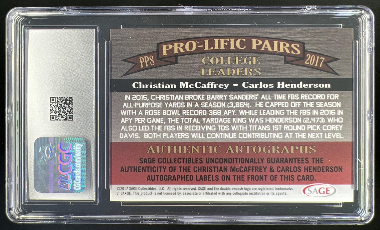 2017 SAGE Auto Christian McCaffrey Carlos Henderson Pro Lific Pairs Dual Green 2/5 #PP8 CGC 9
