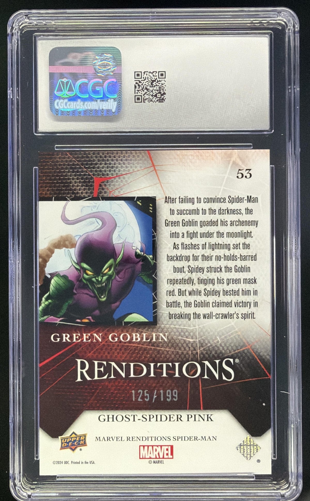 2024 Upper Deck Marvel Spider-Man Renditions Green Goblin Ghost Spider Pink /199 #53 CGC 10 SC7