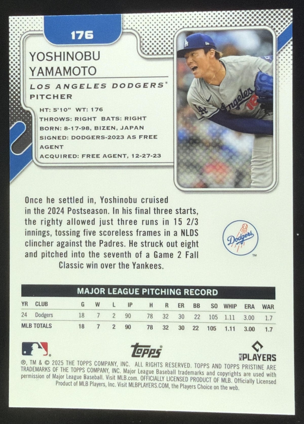 2025 Topps Pristine Yoshinobu Yamamoto Blue Refractor /75 #176 Dodgers
