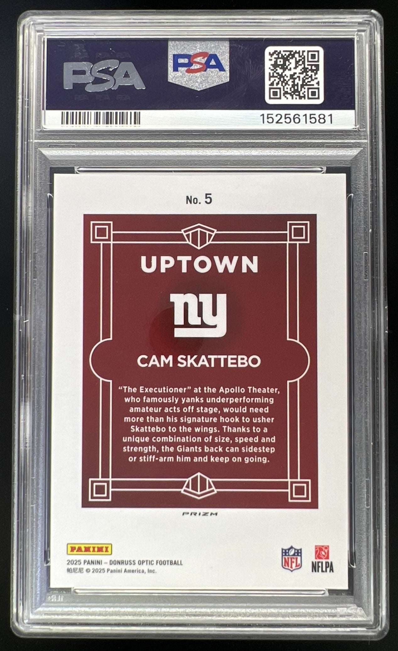 2025 Panini Donruss Optic Cam Skattebo Uptown #5 RC Giants PSA 8