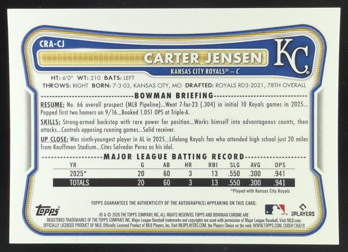 2026 Bowman Carter Jensen Chrome Rookie Auto #CRA-CJ RC Kansas City Royals SC4