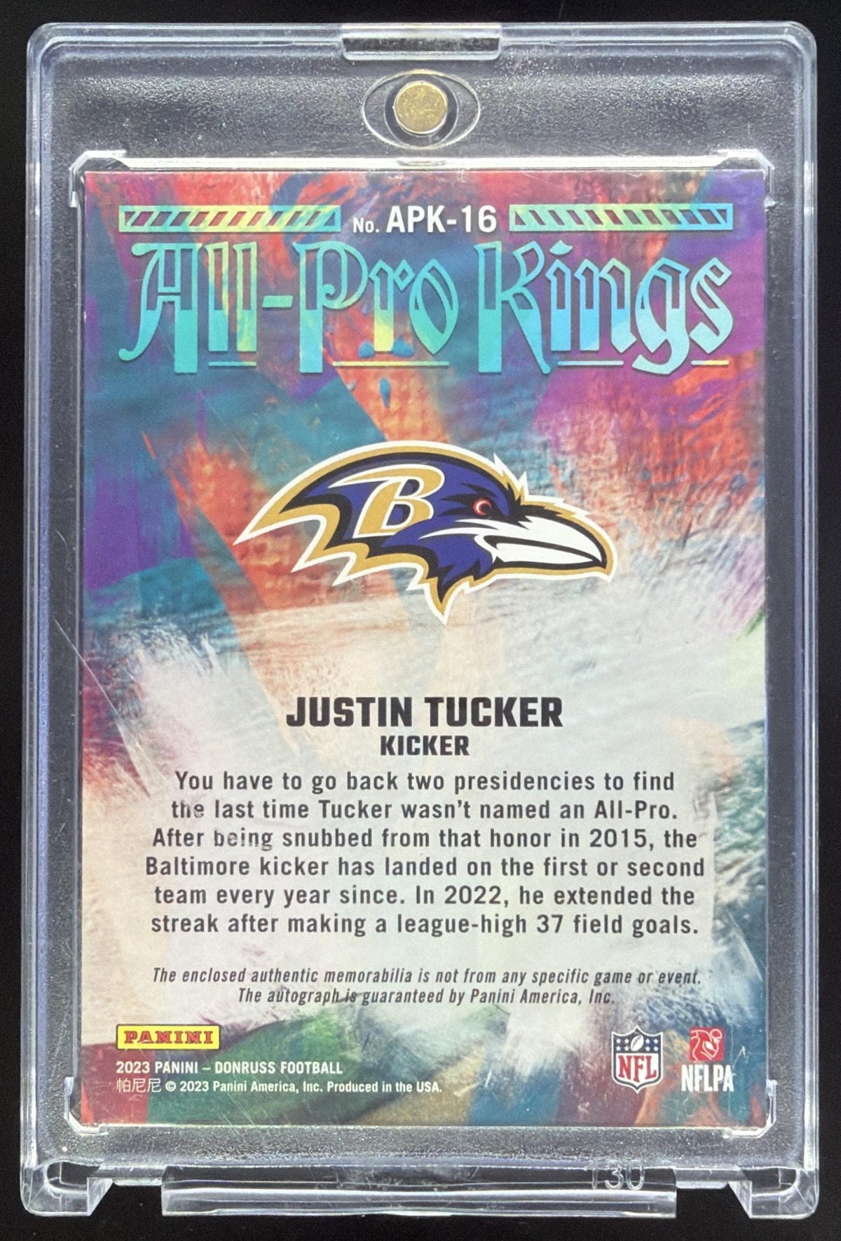 2023 Panini Donruss Justin Tucker All Pro Kings Auto /10 #APK-16 MEM Ravens