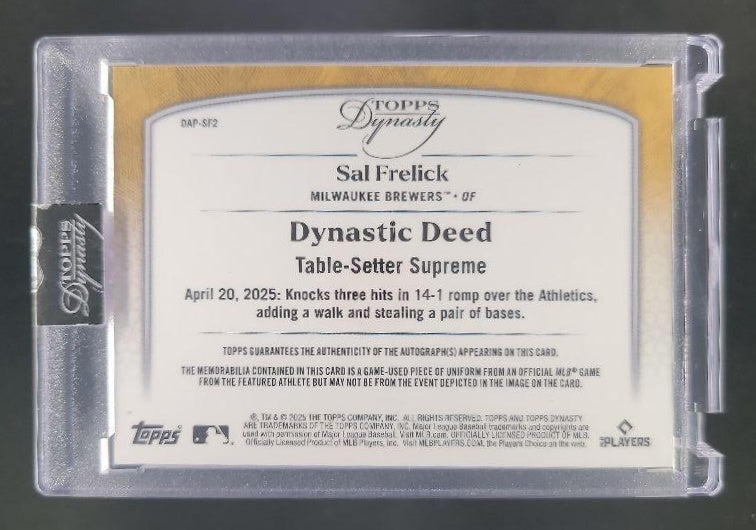 2025 Topps Dynasty Sal Frelick Auto Patch /10 #DAP-SF2 MEM Milwaukee Brewers