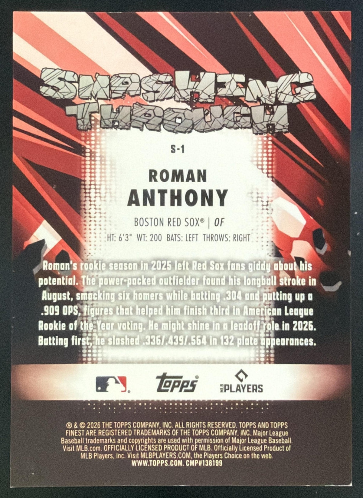 2026 Topps Finest Roman Anthony Smashing Through #S-1 RC Boston Red Sox SC4