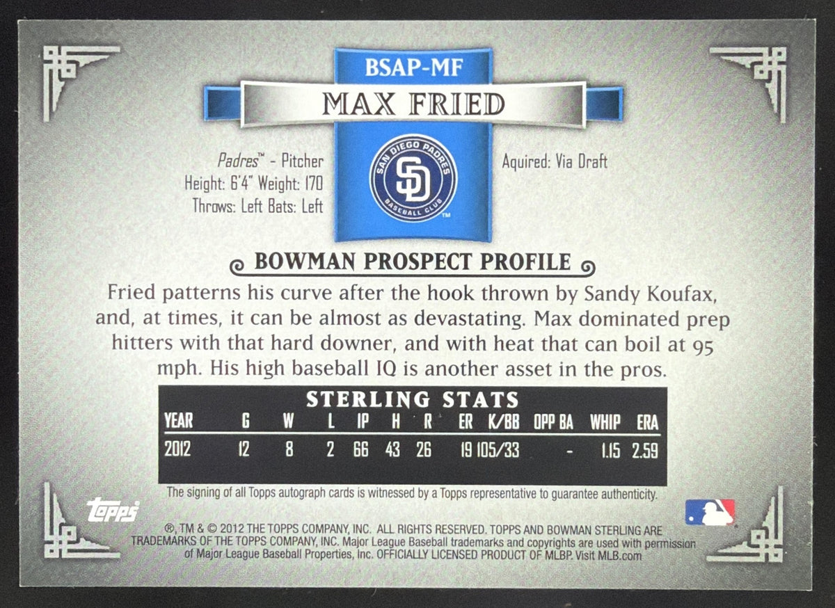 2012 Bowman Sterling Max Fried Prospect Auto #BSAP-MF San Diego Padres SC4