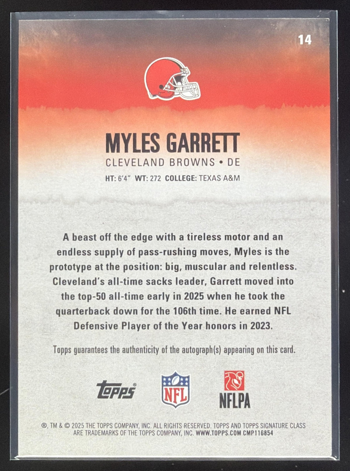 2025 Topps Signature Class Myles Garrett Veteran Auto Blue Foil /5 #14 Browns