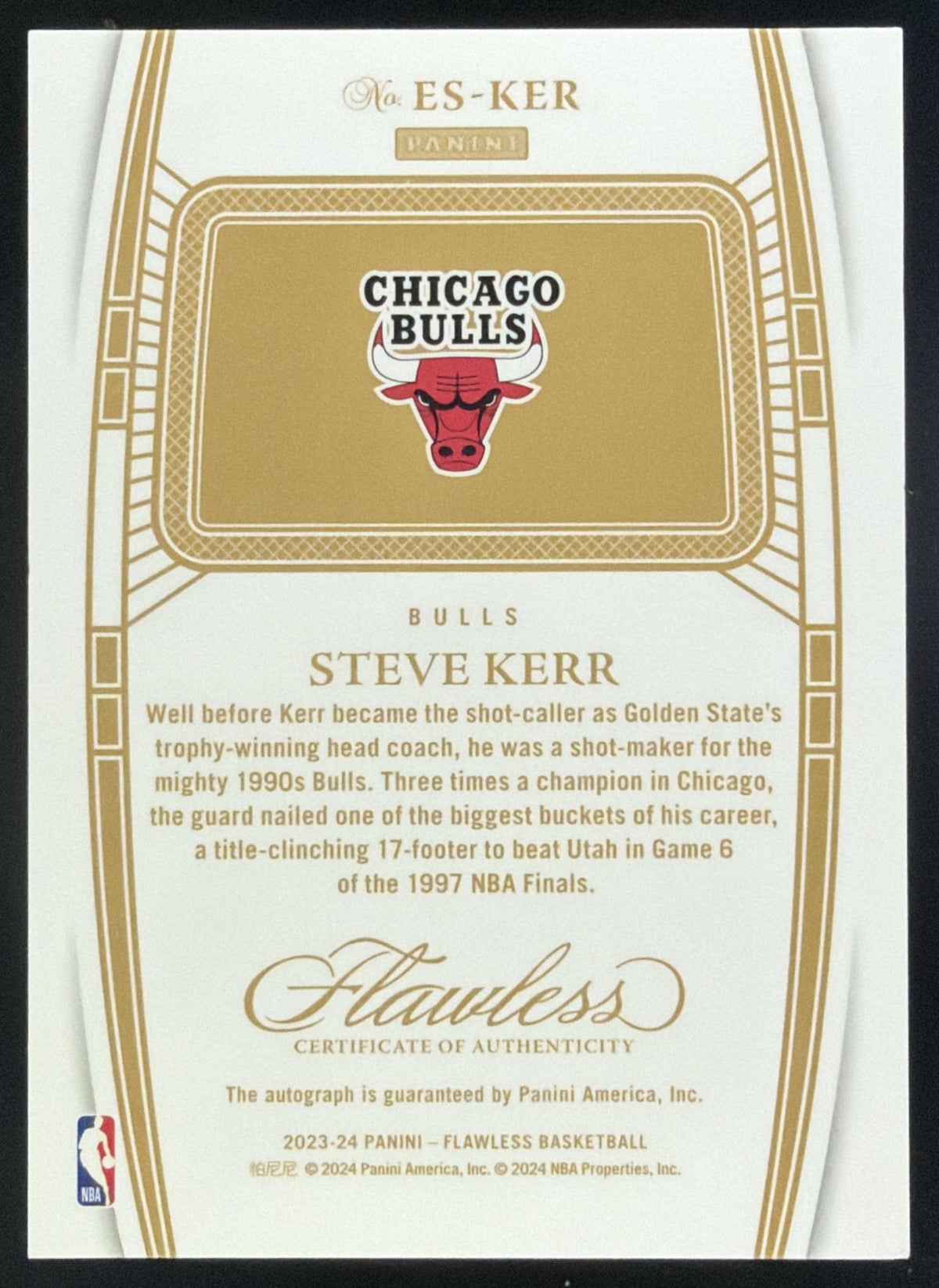 2024 Panini Flawless Steve Kerr 2023 Excellence Signatures /25 #3 Auto Bulls SC5