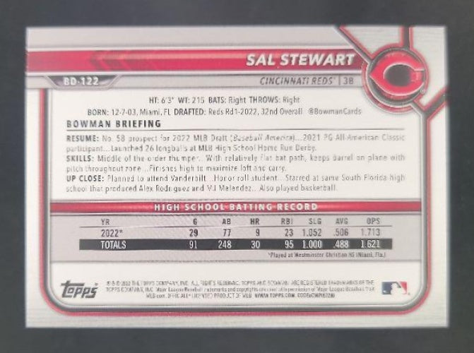 2022 Bowman Draft Sal Stewart Gold /50 #BD-122 1st Prospect Cincinnati Reds
