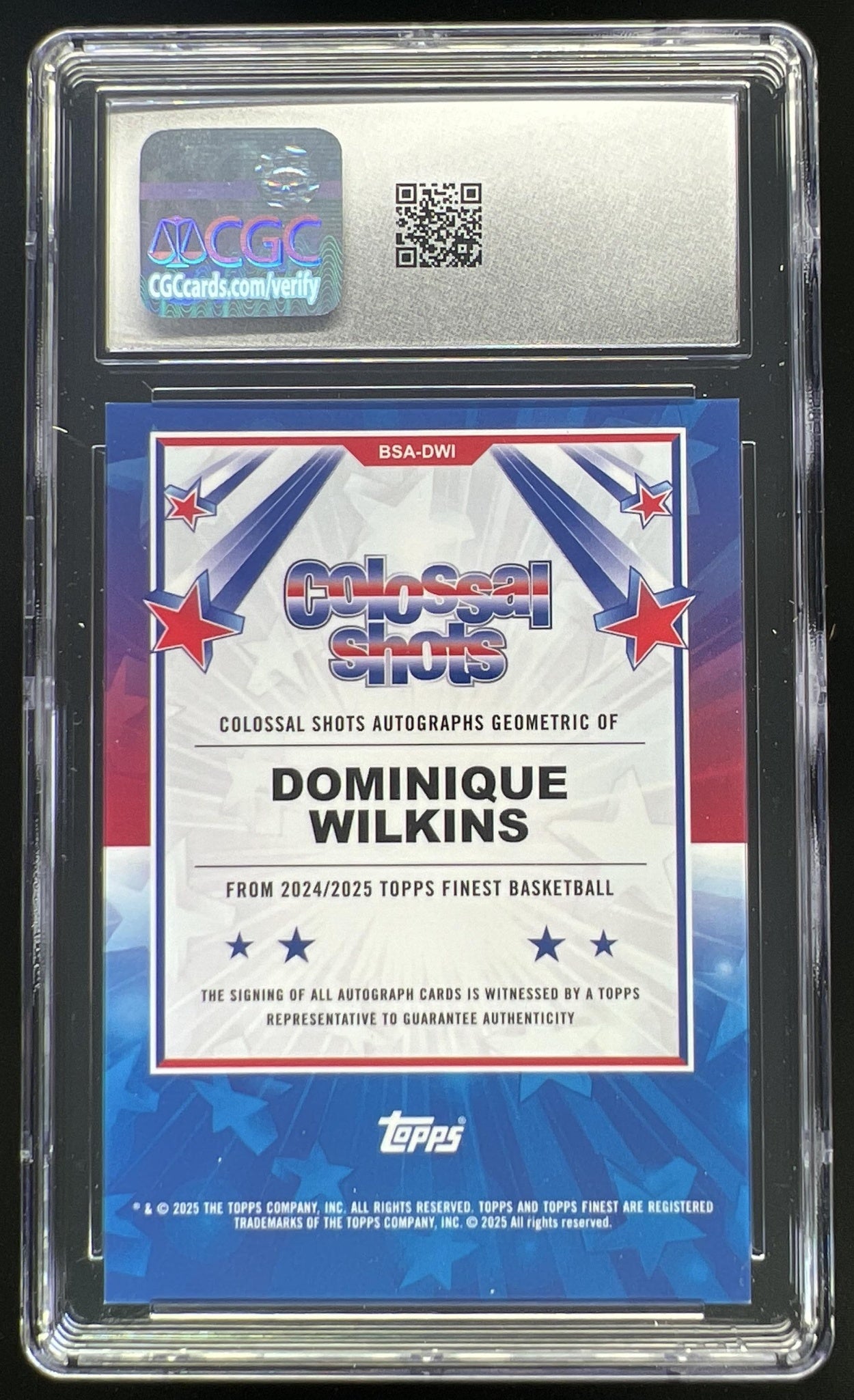 2024 Topps Finest Dominique Wilkins Colossal Shots Auto Blue Geometric Refractor /99 #BSA-DWI Hawks CGC 10