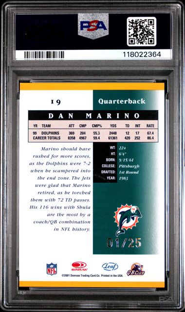 2001 Leaf Certified Materials Dan Marino Mirror Gold 01/25 #19 PSA 9