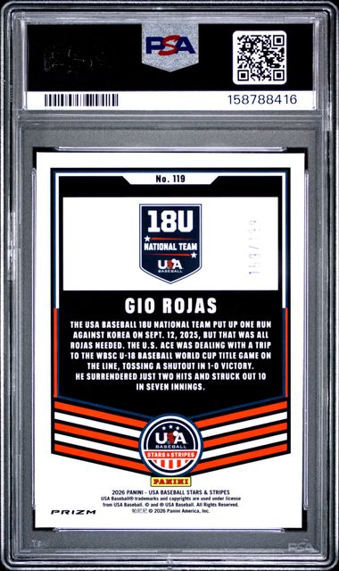 2026 PANINI USA BASEBALL STARS & STRIPES PRIZM #119 GIO ROJAS PURPLE PRIZM PSA 9 SC4