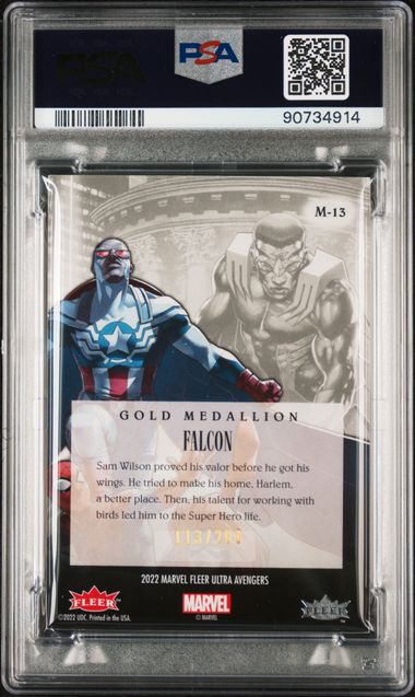 2022 FLEER ULTRA AVENGERS MEDALLIONS #M13 FALCON MEDALLIONS-GOLD PSA 8 SC7