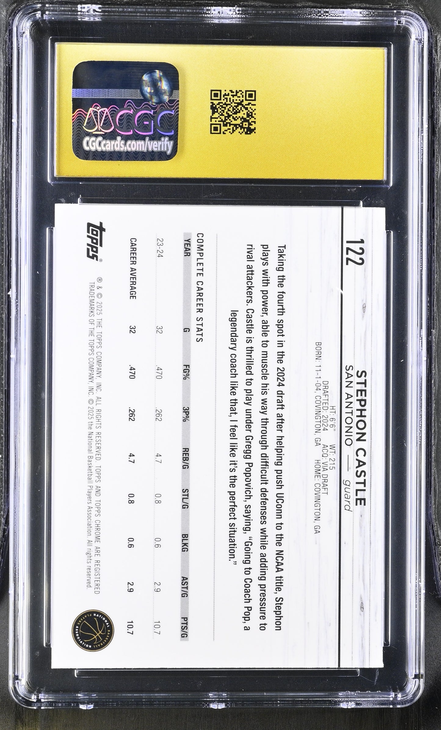 2024-25 Topps Chrome Basketball Stephon Castle Purple Geometric Refractor RC 129/129 CGC 10 Pristine