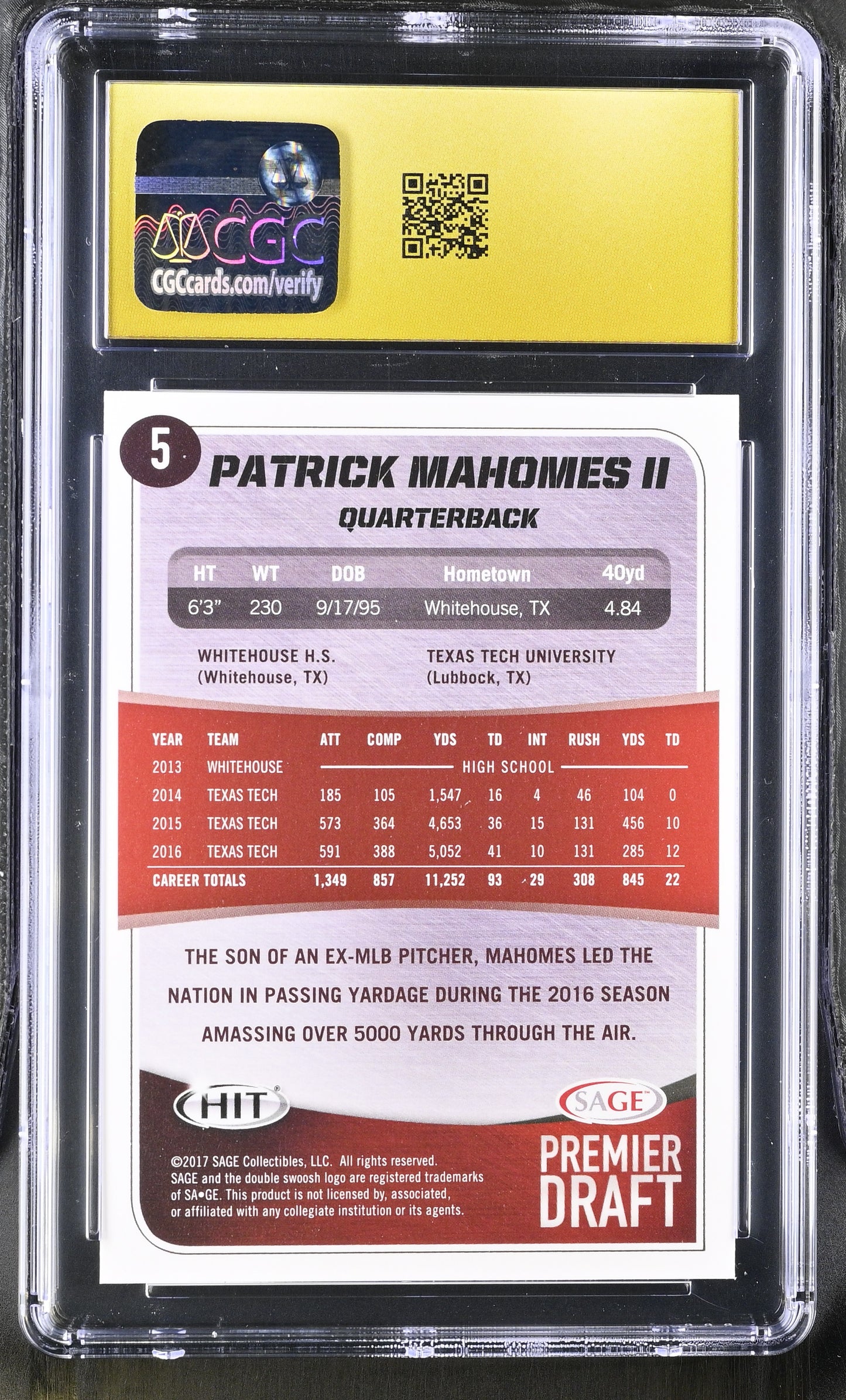 2017 SAGE HIT Premier Draft Patrick Mahomes II #5 RC CGC Pristine 10