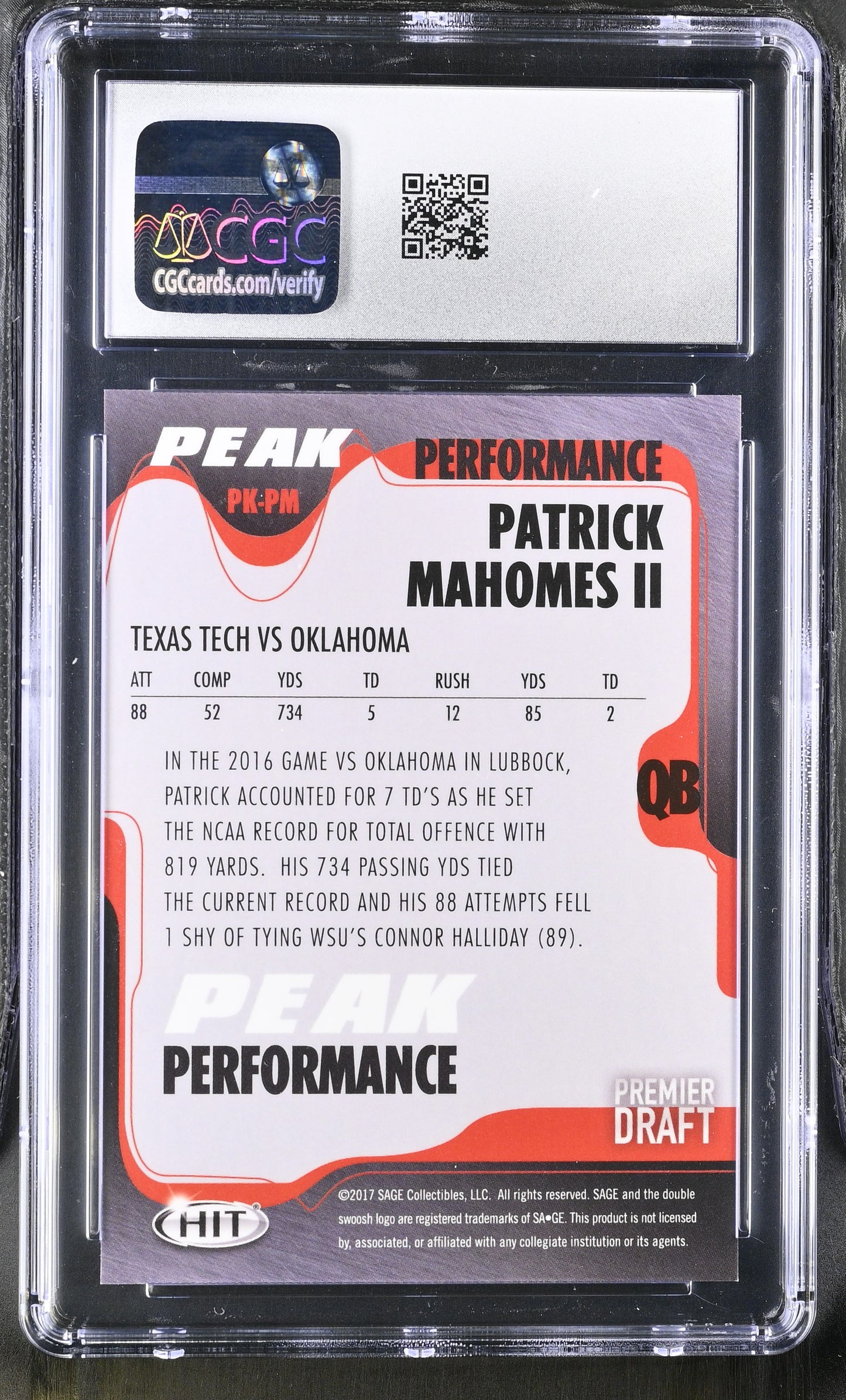 2017 SAGE HIT Premier Draft Patrick Mahomes II Peak Performance #PK-PM CGC 10
