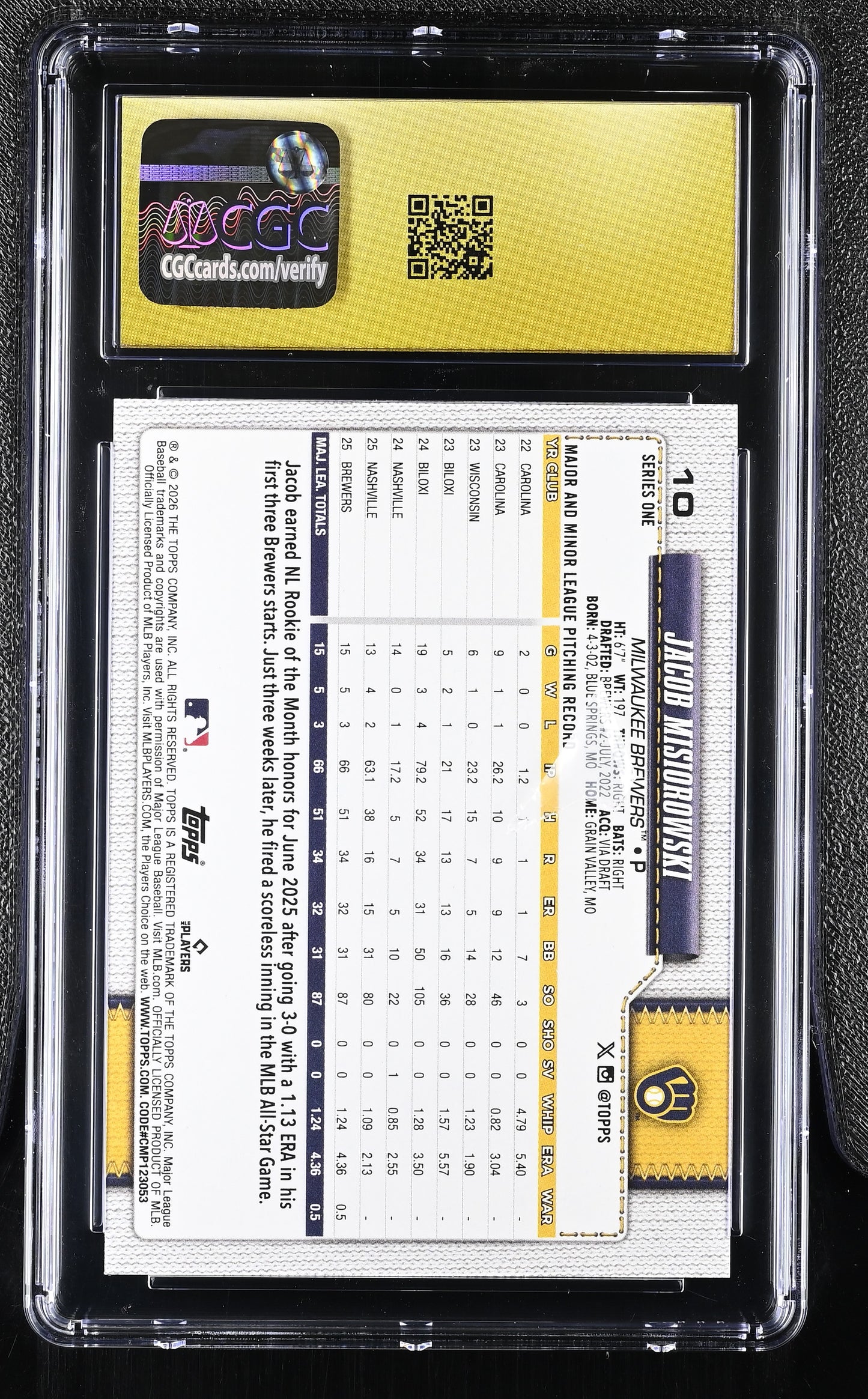2026 Topps Series 1 Baseball Jacob Misiorowski RC #10 CGC Pristine 10