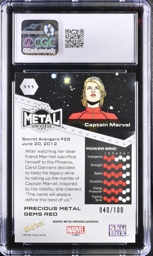 Captain Marvel 2024 Marvel Metal Universe Avengers #111 Precious Metal Gems Red High Series CGC 8 SC7