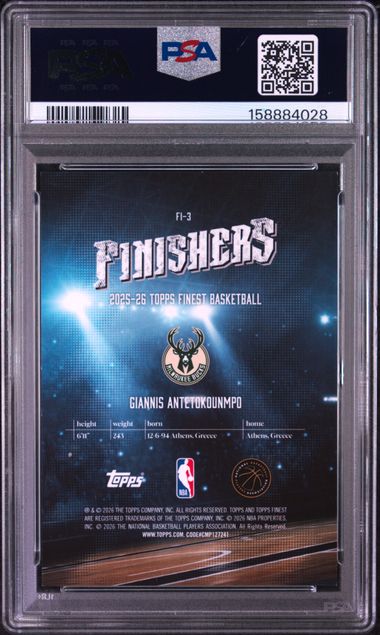 2025 TOPPS FINEST FINISHERS #FI-3 GIANNIS ANTETOKOUNMPO FINISHERS-BLUE GEOMETRIC PSA 9