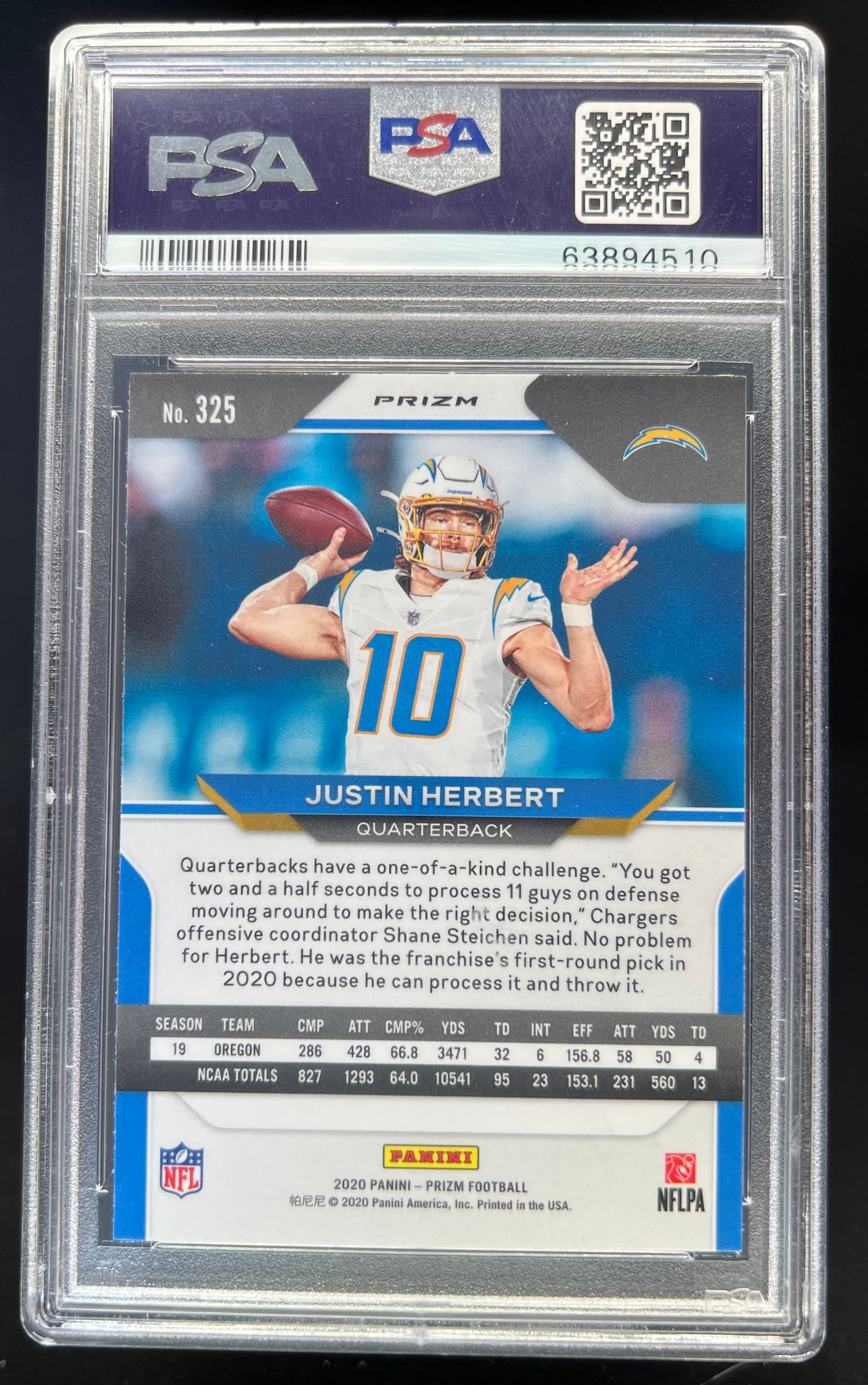 2020 Panini Prizm Football Justin Herbert Silver Prizm RC #325 PSA 9