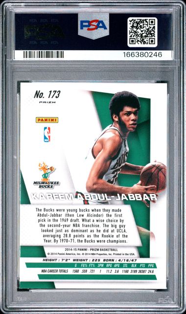 2014 PANINI PRIZM #173 KAREEM ABDUL-JABBAR BLUE & GREEN MOSAIC PRIZM PSA 10 JR9272-22
