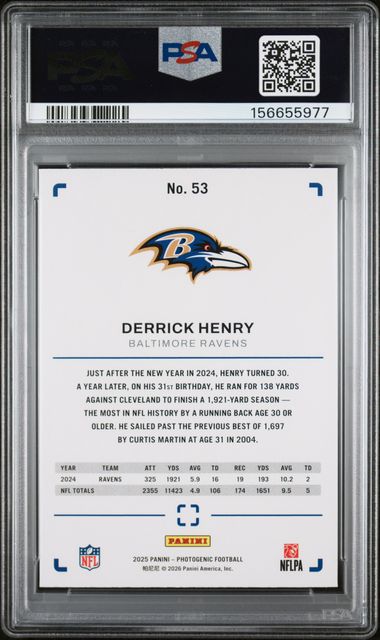 2025 Panini Photogenic Derrick Henry Gold /10 #53 Baltimore Ravens PSA 10