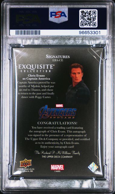 2020 Upper Deck Avengers Endgame & Captain Marvel Exquisite Collection Chris Evans Captain America Black Autograph 22/25 #EBACE PSA 8