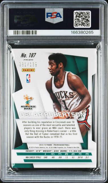 2014 PANINI PRIZM #187 OSCAR ROBERTSON PURPLE DIE-CUT PRIZM PSA 9 JR9272-45